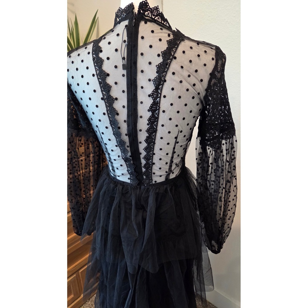 Giffniseti Lace Tulle Tiered Maxi Dress Sheer Polka Dot Gothic Black Gown Small - Picture 10 of 12